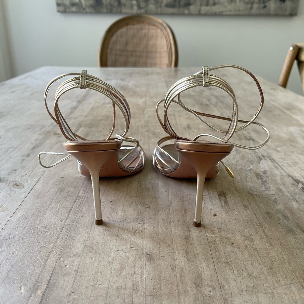 Aquazzura Call Me 85 Leather and PVC sandal in Gold, NWB, SZ 39 - Picture 8 of 16